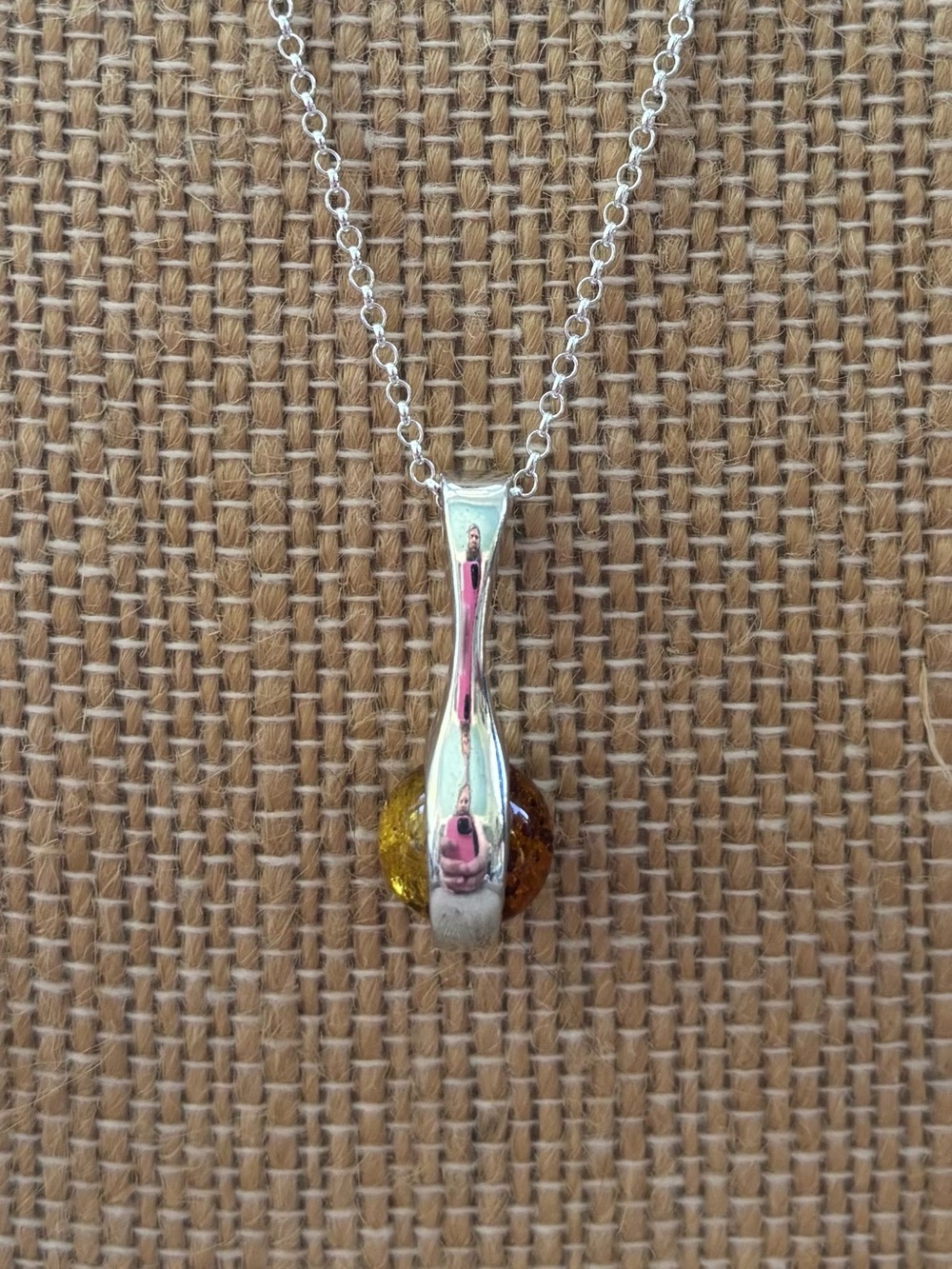 Sterling Silver Double Amber Teardrop Pendant 18” Rolo Chain Necklace
